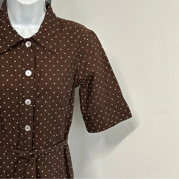 Women 8P Brown Polka Dot Floral Dress Pleated‎ Tie Sash Classic Dainty Pin Up - Picture 3 of 16